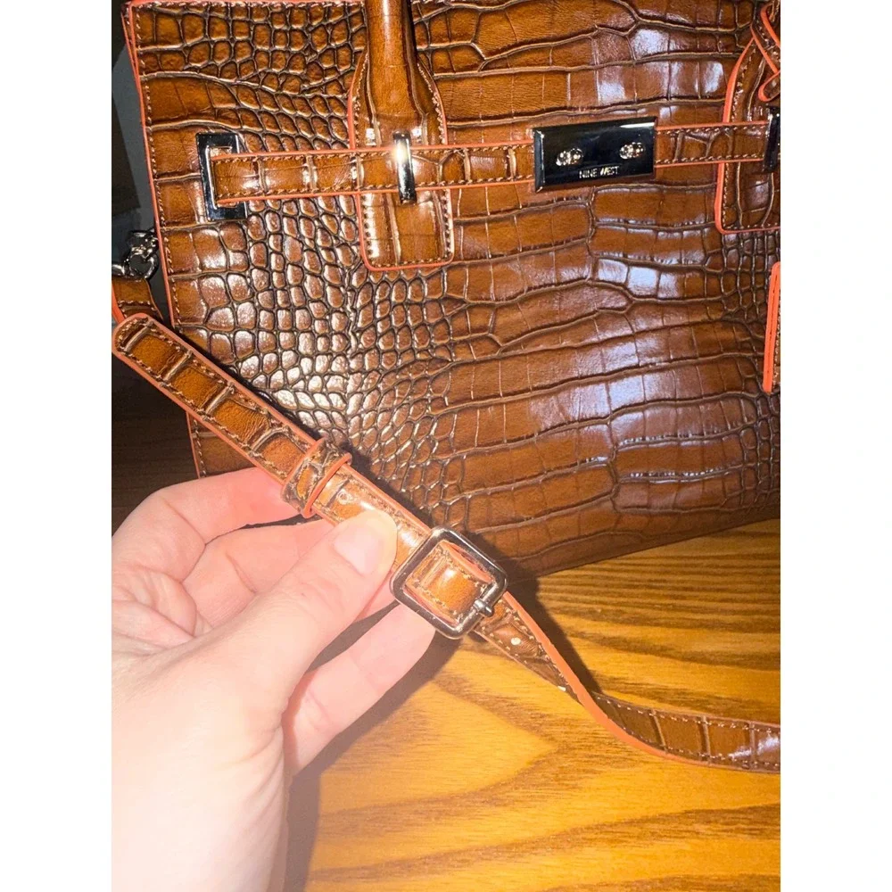 Nine West Brown Croc Embossed Satchel Handbag Orange Trim Crossbody Bag